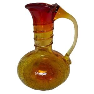 Orange Crackle Glass Vintage Pitcher with Swirls on Neck and Pour Spout on Lip